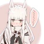  1girl @_@ animal_ear_fluff animal_ears arknights black_gloves gift gloves highres holding horse_ears horse_girl jacket looking_at_viewer miike_(992058) platinum_(arknights) solo speech_bubble valentine white_hair white_jacket 
