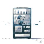  1girl :t absurdres astronaut bangs black_eyes blue_hair bottle closed_mouth commentary_request fish highres holding jitome kazunoko_(kazunoko_zunoco) looking_at_viewer looking_back short_hair signature simple_background solo standing upper_body vending_machine white_background 
