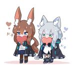  2girls amiya_(arknights) animal_ear_fluff animal_ears arknights black_footwear black_gloves black_jacket blue_eyes blue_skirt blush boots brown_hair brown_legwear cat_ears cat_girl cat_tail chibi closed_mouth colored_eyelashes commentary covered_mouth dress english_commentary gloves green_eyes grey_hair heart holding jacket kurotofu long_hair long_sleeves low_ponytail multiple_girls open_clothes open_jacket pantyhose plaid plaid_skirt pleated_skirt ponytail rabbit_ears rosmontis_(arknights) shirt skirt sleeves_past_wrists smile standing tail very_long_hair white_background white_dress white_shirt 