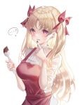  1girl ? apron bangs blonde_hair blush bow chiachun0621 chocolate eating ereshkigal_(fate) eyebrows_visible_through_hair fate/grand_order fate_(series) hair_bow hair_ribbon heart highres licking licking_finger long_hair looking_at_viewer open_mouth red_eyes ribbon simple_background solo sweater wavy_mouth white_background white_sweater 