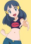  1girl :d alternate_costume bangs black_hair clenched_hand commentary_request cropped_shirt eyelashes grey_eyes hainchu hair_ornament hairclip highres hikari_(pokemon) long_hair looking_at_viewer midriff navel open_mouth outstretched_arm pants poke_ball_print pokemon pokemon_(anime) pokemon_dppt_(anime) purple_shirt shirt short_sleeves simple_background smile solo tongue yellow_background 