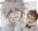  1boy :d alternate_costume bangs border character_doll collarbone danganronpa_(series) danganronpa_2:_goodbye_despair doll eyebrows_visible_through_hair grey_background grey_hair hair_between_eyes half-closed_eyes hands_up hinata_hajime holding komaeda_nagito long_sleeves messy_hair ppap_(11zhakdpek19) shiny shiny_hair short_hair smile teeth upper_teeth white_border 