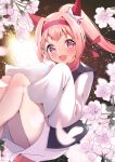  1girl absurdres animal_ears ash_blossom_&amp;_joyous_spring ash_blossom_&amp;_joyous_spring_(cosplay) blush cherry_blossoms commentary_request cosplay flower haru_urara_(umamusume) headband highres horse_ears horse_girl long_hair long_sleeves looking_at_viewer open_mouth petals pink_eyes pink_hair ponytail rei_(ilust9999) solo thighs umamusume 