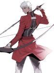  1boy absurdres archer_(fate) armor arrow_(projectile) bow_(weapon) dark-skinned_male dark_skin fate/stay_night fate_(series) feet_out_of_frame grey_eyes highres holding holding_bow_(weapon) holding_weapon serious short_hair shrug_(clothing) solo weapon white_hair 