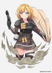  1girl apex_legends armor artist_name bangs black_gloves blonde_hair blue_eyes closed_mouth gloves grey_background gun handgun highres holding holding_clothes holding_gun holding_weapon hololive hololive_english long_sleeves looking_at_viewer pistol seraphim_throne short_hair simple_background smile smoke solo thigh-highs virtual_youtuber watson_amelia weapon 
