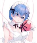  bangs black_ribbon blue_eyes blue_hair box breasts closed_mouth collarbone commentary detached_collar dot_nose eikaa eyebrows_visible_through_hair hair_between_eyes hair_ornament hand_up heart-shaped_box holding large_breasts light_blush light_smile looking_at_viewer maid_headdress polka_dot re:zero_kara_hajimeru_isekai_seikatsu rem_(re:zero) ribbon shiny shiny_hair short_hair simple_background solo twitter_username upper_body valentine x_hair_ornament 