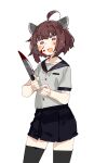  1girl ahoge black_legwear black_skirt blood blood_on_face blood_on_knife blood_on_weapon blush brown_eyes brown_hair collarbone eyebrows_visible_through_hair eyes_visible_through_hair holding holding_knife holding_weapon karei knife open_mouth short_hair skindentation skirt smile solo thigh-highs tongue touhoku_kiritan transparent_background voiceroid weapon 