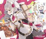  ! 2girls absurdres apron armor armored_dress ascot bangs braid breasts calendar_(object) candy chocolate closed_eyes commentary copyright_name english_commentary eyebrows_visible_through_hair flower food from_side gauntlets genshin_impact hair_ornament hand_up heart heart-shaped_chocolate highres holding looking_at_viewer medium_breasts multiple_girls noelle_(genshin_impact) official_art open_mouth paimon_(genshin_impact) polka_dot polka_dot_background profile red_flower red_rose rose silver_hair smile teeth upper_teeth valentine white_apron white_hair 
