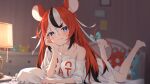  animal_ears blue_eyes blush feet hakos_baelz highres hololive hololive_english light_blush long_hair looking_at_viewer mouse_ears mouse_tail multicolored_hair redhead ribbon smile tail taitan tongue tongue_out virtual_youtuber 