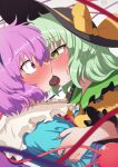  absurdres blouse blue_blouse buttons candy chocolate collared_blouse diamond_button eye_contact eyeball eyebrows_visible_through_hair food frilled_shirt_collar frills green_eyes green_hair hand_on_another&#039;s_arm heart heart-shaped_chocolate heart_in_eye highres incest komeiji_koishi komeiji_satori light_green_hair looking_at_another medium_hair noose pink_hair polyhedron2 purple_hair red_eyes sharing_food short_hair siblings sisters symbol_in_eye third_eye tongue tongue_out touhou valentine violet_eyes wavy_hair wide-eyed yellow_blouse yuri 