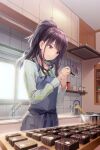  1girl apron baking bangs black_hair blue_apron blush bowl cabinet chocolate closed_mouth collarbone cowboy_shot eyebrows_visible_through_hair faucet grey_shirt highres holding idolmaster idolmaster_shiny_colors indoors jar kazano_hiori kettle kitchen long_hair long_sleeves looking_down macha0331 mittens mole mole_under_eye off-shoulder_shirt off_shoulder ponytail scissors shirt sink smile solo spatula tile_wall tiles valentine violet_eyes window 