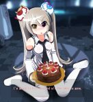  anthropomorphization bare_shoulders blush boots cake detached_sleeves english food glados hairpods hangaku heterochromia highres long_hair necktie pastry personification portal sitting spoilers thigh_boots thighhighs tray tsundere twintails wariza white_hair white_legwear 