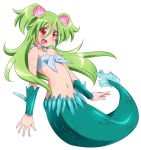  0417nao 1girl blush clam collarbone green_hair hair_ornament jewelry long_hair mermaid monster_girl muromi-san namiuchigiwa_no_muromi-san navel necklace open_mouth red_eyes seashell shell solo twintails white_background 