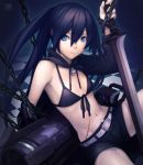  bikini_top black_hair black_rock_shooter black_rock_shooter_(character) blue_eyes chain flat_chest highres long_hair midriff navel nfb-zmc scar short_shorts shorts solo star sword weapon zipper 