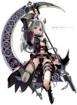  belt blue_eyes breasts chain cleavage devil elf grey_hair hands highres horns nakaba_reimei navel original pointy_ears scythe solo thigh_strap 