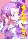  1girl arm_warmers choker cure_sword curly_hair detached_sleeves dokidoki!_precure dress eyelashes hair_ornament hairclip half_updo happy heart kenzaki_makoto kurochiroko looking_at_viewer magical_girl microphone pink_background ponytail precure purple_dress purple_hair ribbon short_hair side_ponytail simple_background smile solo standing translation_request violet_eyes 