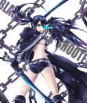  absurdres ass bad_id belt bikini_top black_hair black_rock_shooter black_rock_shooter_(character) blue_eyes boots chain coat glowing glowing_eyes gun highres jacket long_hair looking_back midriff open_mouth shorts solo steelleets sword twintails uneven_twintails very_long_hair weapon 