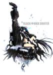  bad_id black_hair black_rock_shooter black_rock_shooter_(character) blue_eyes boots chain checkered gloves glowing glowing_eyes gun highres jacket long_hair midriff navel shorts sitting solo steelleets sword twintails uneven_twintails very_long_hair weapon 