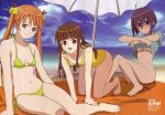  3girls beach brown_eyes brown_hair heterochromia kagurazaka_asuna konoe_konoka mahou_sensei_negima miyazaki_nodoka swimsuit twintails umbrella 