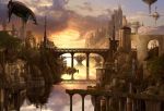  airship arch bridge city cloud fantasy flying landscape original reflection scenery sunset ucchiey water 