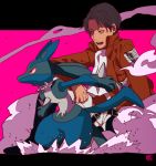  1boy ascot black_hair crossover flat_gaze jacket lucario motsu_(f0204) pokemon pokemon_(creature) rivaille shingeki_no_kyojin smoke 