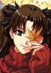  1girl absurdres black_hair bust covering_one_eye earrings fate/stay_night fate_(series) green_eyes hair_ribbon highres jewelry jian_huang leaf long_hair looking_at_viewer maple_leaf ribbon smile solo sweater tohsaka_rin toosaka_rin turtleneck twintails 