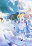  absurdres alice alice_(wonderland) alice_in_wonderland bad_id bird blonde_hair bow chain clock cloud dress hair_bow highres long_hair pantyhose rifsom sky 