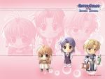  :&lt; blonde_hair blue_eyes blue_hair blush bottle brown_eyes brown_hair chibi lawrence_lancaster multiple_boys pam_(silver_chaos) pink pink_background silver_chaos takatsuki_noboru wallpaper werne_claudius zoom_layer 