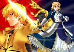 blonde_hair excalibur fate/stay_night fate_(series) gate_of_babylon gilgamesh glowing glowing_weapon green_eyes highres male red_eyes rmssre ryou_(pixiv779953) saber sword type-moon type_moon weapon 