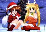  christmas duplicate fate_testarossa loli mahou_shoujo_lyrical_nanoha megami santa_costume santa_hat takamachi_nanoha 