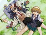  2girls :d ahoge antenna_hair arm_support black_hair blue_eyes blush book dutch_angle from_above glasses grass hairband jacket lying multiple_girls necktie on_back open_clothes open_jacket open_mouth outdoors pleated_skirt read_or_die reclining ribbon school_uniform sitting sitting_on_lap sitting_on_person skirt smile suitcase sumiregawa_nenene uon_taraku vest wallpaper watermark yomiko_readman young 
