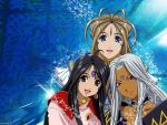 3girls aa_megami-sama anime_coloring antenna_hair behind_another belldandy black_hair blue_background brown_hair choker dark-skinned_female earrings facial_markings flowing_hair forehead_mark goddess looking_at_viewer open_mouth pink_dress purple_eyes sisters skuld smiling urd white_hair