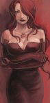  bare_shoulders breasts cleavage crossed_arms dress elbow_gloves fullmetal_alchemist gloves hair_over_one_eye hexagram highres homunculus large_breasts lips lust mukuo ouroboros red_eyes solo tattoo 