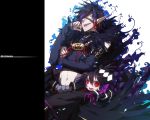  2boys black_hair earrings eyepatch fur_trim height_difference hug hug_from_behind jewelry kyousaku male multicolored_hair multiple_boys mygrimoire navel original pale_skin pointy_ears purple_hair raum_(mygrimoire) red_eyes smile stolas_(mygrimoire) two-tone_hair 