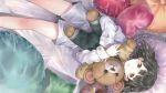  bed cropped dress_shirt hair_down highres kishida_mel lying original pillow shirt solo sora_no_woto stuffed_animal stuffed_toy suminoya_kureha teddy_bear wallpaper 