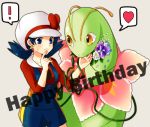  1girl antennae blue_eyes blue_hair cabbie_hat cosplay crystal_(pokemon) earrings english flower happy_birthday hat hat_ribbon heart jewelry kotone_(pokemon) kotone_(pokemon)_(cosplay) meganium mokorei overalls pokemon pokemon_(creature) pokemon_(game) pokemon_gsc pokemon_special red_ribbon ribbon simple_background surprised twintails yellow_eyes 