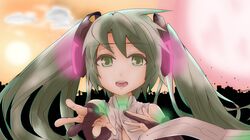  bridal_gauntlets elbow_gloves fingerless_gloves foreshortening gloves green_eyes green_hair hands hatsune_miku hatsune_miku_(append) jeno long_hair miku_append necktie portrait singing smile solo twintails vocaloid vocaloid_append 