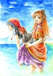  ag_(pixiv330200) bandana blue_hair chrono_cross couple dress female green_eyes leena long_hair male necklace open_mouth redhead serge short_hair skirt_lift sky water 