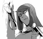  1girl blazblue hair_in_mouth hair_tubes hammer hazama kaneaki_mukku long_hair monochrome nail no_hat no_headwear photo_(object) solo tsubaki_yayoi voodoo_doll 