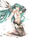  anklet aqua_eyes aqua_hair armpits bare_shoulders barefoot detached_sleeves feet hand_on_headphones hatsune_miku hatsune_miku_(append) headphones jewelry kneeling legs long_hair miku_append navel soles solo suoni_(deeperocean) toeless_socks toes torn_clothes very_long_hair vocaloid vocaloid_append 