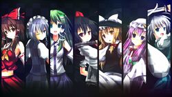  7girls black_hair blonde_hair blue_eyes braid brown_eyes brown_hair column_lineup dress gingami green_hair hakurei_reimu hat izayoi_sakuya kirisame_marisa kochiya_sanae konpaku_youmu long_hair nagomi_no_ame newspaper patchouli_knowledge pink_hair ponytail red_eyes ribbon scarlet_weather_rhapsody shameimaru_aya short_hair smile sword touhou violet_eyes weapon wink 