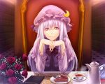  bespectacled book cake chair crescent crow_(pixiv) cup edo_tatsuki face flower food fork glasses hat italian lips long_hair patchouli_knowledge pie purple_eyes purple_hair rose sitting smile solo tea teacup teapot touhou translated violet_eyes voile 
