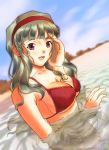  breasts cleavage emanon123 grey_hair hairband highres idolmaster large_breasts long_hair red_eyes reflection shijou_takane solo swimsuit wading water 
