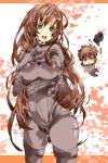  blush bodysuit breast_squeeze breasts brown_eyes brown_hair bubble chibi gantz gantz_suit gun kurono_kei large_breasts long_hair open_mouth shimohira_reika skin_tight surprise surprised sweatdrop thick_thighs thighs very_long_hair weapon 