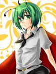  antenna blush cape green_hair looking_at_viewer ryou_(pixiv779953) short_hair short_sleeves simple_background solo touhou white_shirt wriggle_nightbug 