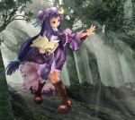  1girl ayase_yue book boots bow braid cosplay crescent cross-laced_footwear forest hair_bow hat lace-up_boots look-alike mahou_sensei_negima! nature orbis_sensualium_pictus pactio patchouli_knowledge patchouli_knowledge_(cosplay) purple_eyes purple_hair serious solo touhou twin_braids violet_eyes 