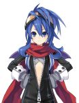  bikesuit blue_eyes blue_hair choujigen_game_neptune face frown gloves goggles goggles_on_head hands_on_hips idea_factory navel nippon_ichi_(choujigen_game_neptune) official_art red_scarf scarf simple_background tsunako unzipped wings zipper 