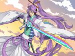  blue_eyes headphones headset kamui_gakupo katana long_hair male ponytail purple_hair sky smile solo sword usayomogi vocaloid weapon 