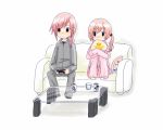  casual controller couch double_vertical_stripe final_fantasy final_fantasy_xiii fumizuki_itsuka game_controller leg_hug lightning_farron pajamas pink_hair playing_games playstation_3 serah_farron siblings side_ponytail sisters table track_suit 