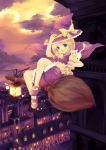  bad_id blonde_hair broom broom_riding building cape cat city cloud clouds frills hat hat_ribbon lamp legs midriff open_mouth original purple ribbon short_hair sky sleeveless solo twilight witch witch_hat yukise_miyu 